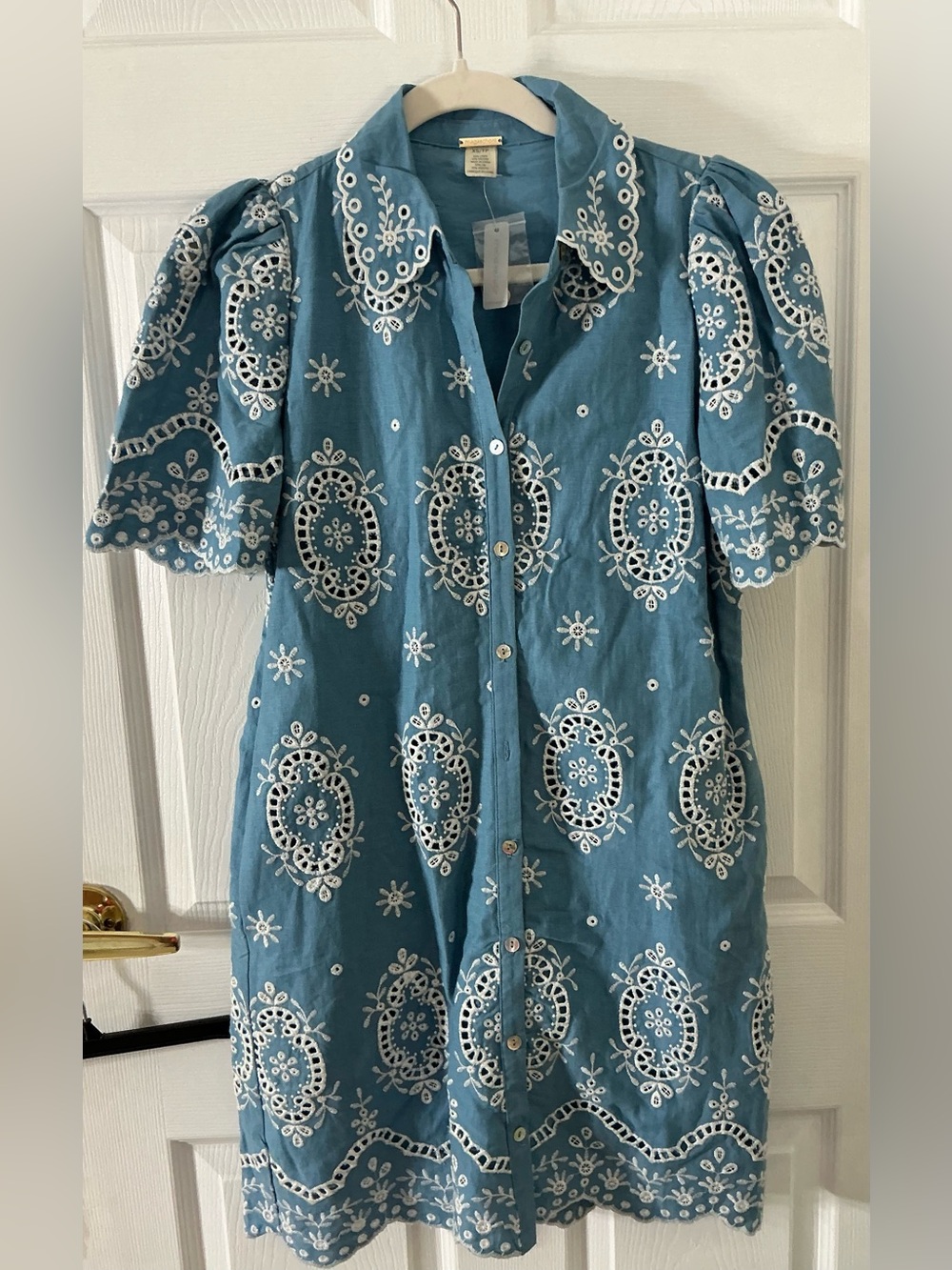Magaschoni European Linen Eyelet Puff Sleeve Shirt Dress Blue XS NWT